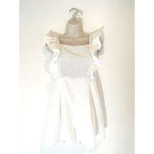 English Factory Women's 6 White Smocked Ruffle Sleeves Pockets Back Zip Romper